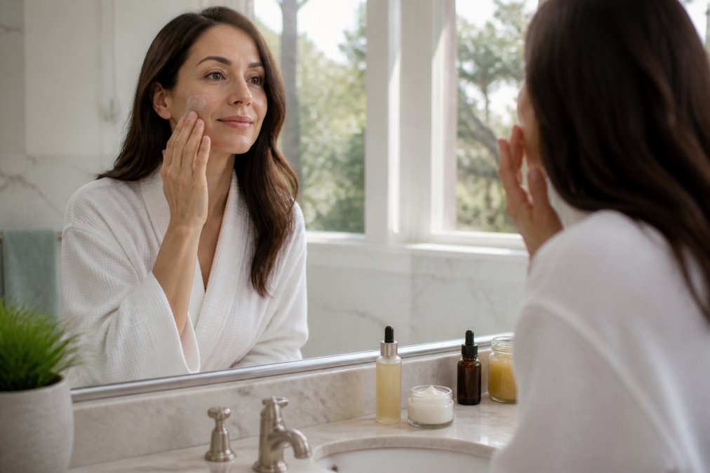 Woman in her 40s applying moisturizer in front of a bathroom mirror with natural morning light, skincare products visible on the marble counter