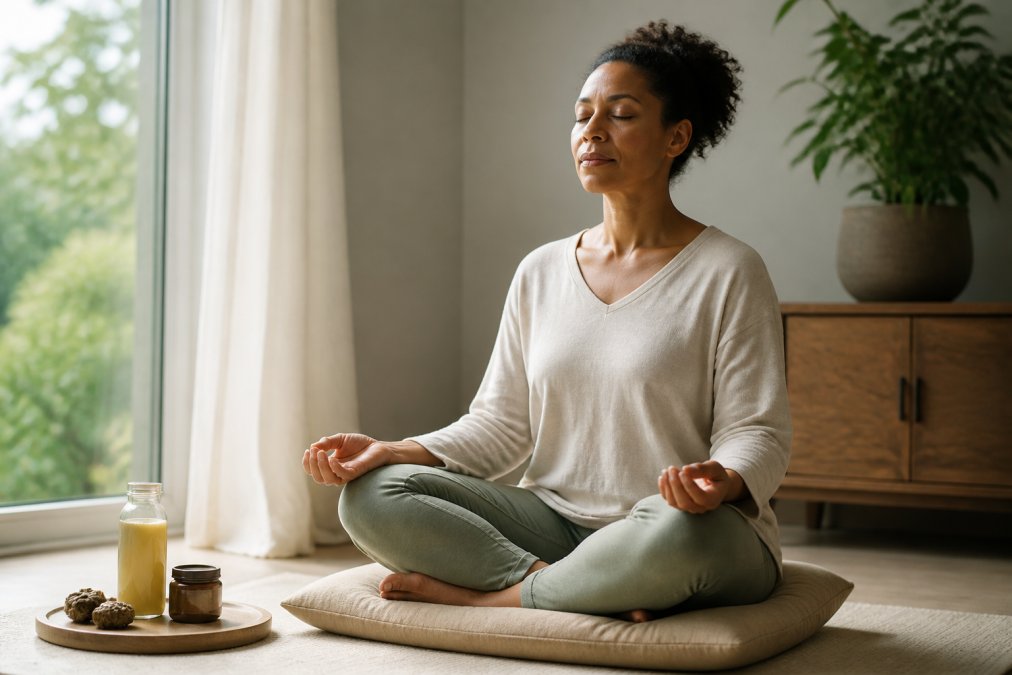 Person practicing mindfulness meditation in a calm home environment, sitting comfortably on a cushion with peaceful expression, soft natural light from nearby window