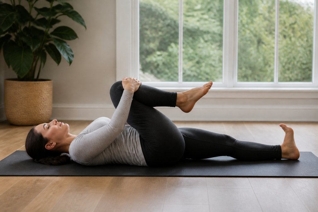 Person performing a knee-to-chest stretch while lying on their back on a yoga mat in a bright, neutral home environment with natural window lighting