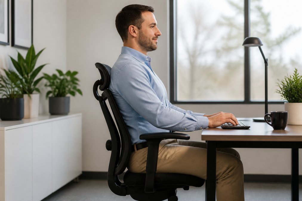 Adult in proper sitting posture at a desk with ergonomic setup, showing correct lumbar spine alignment and neutral spine position with supportive chair