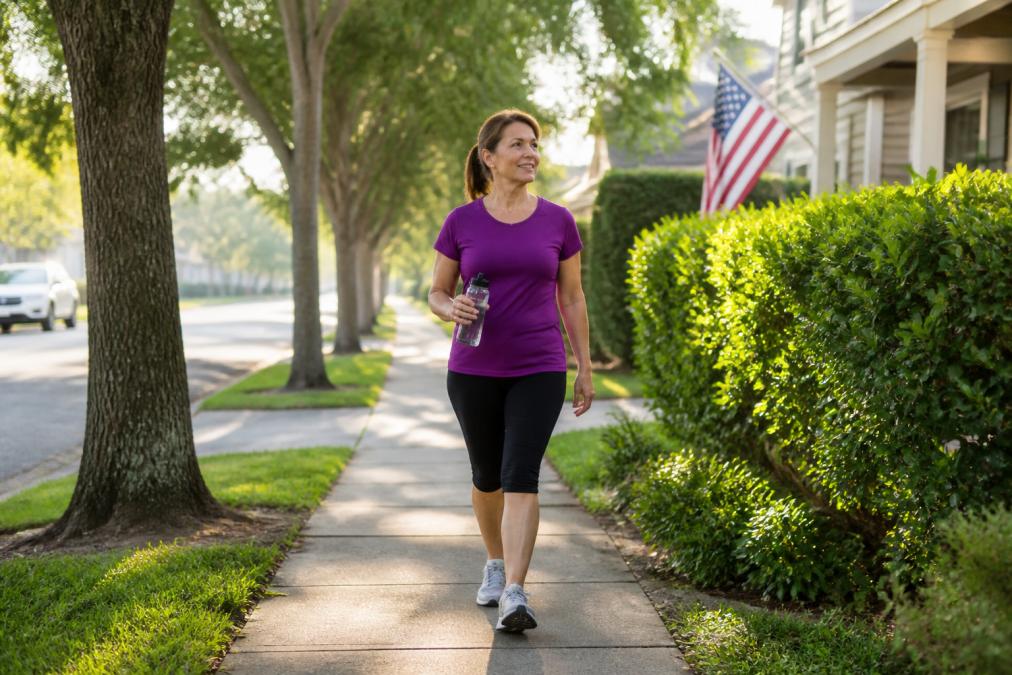 Middle-aged woman walking briskly on a sunny sidewalk to support circulatory health