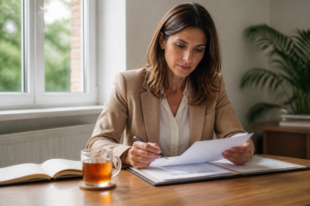 Professional woman at a clean wooden desk reviewing documents with a cup of tea beside her, soft natural daylight from a window, focused and alert expression