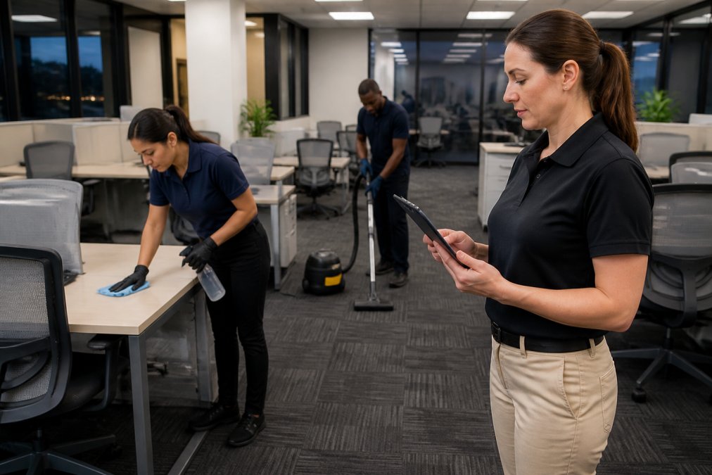 Cleaning crew sanitizing desks and vacuuming an office while a supervisor reviews the office cleaning schedule.