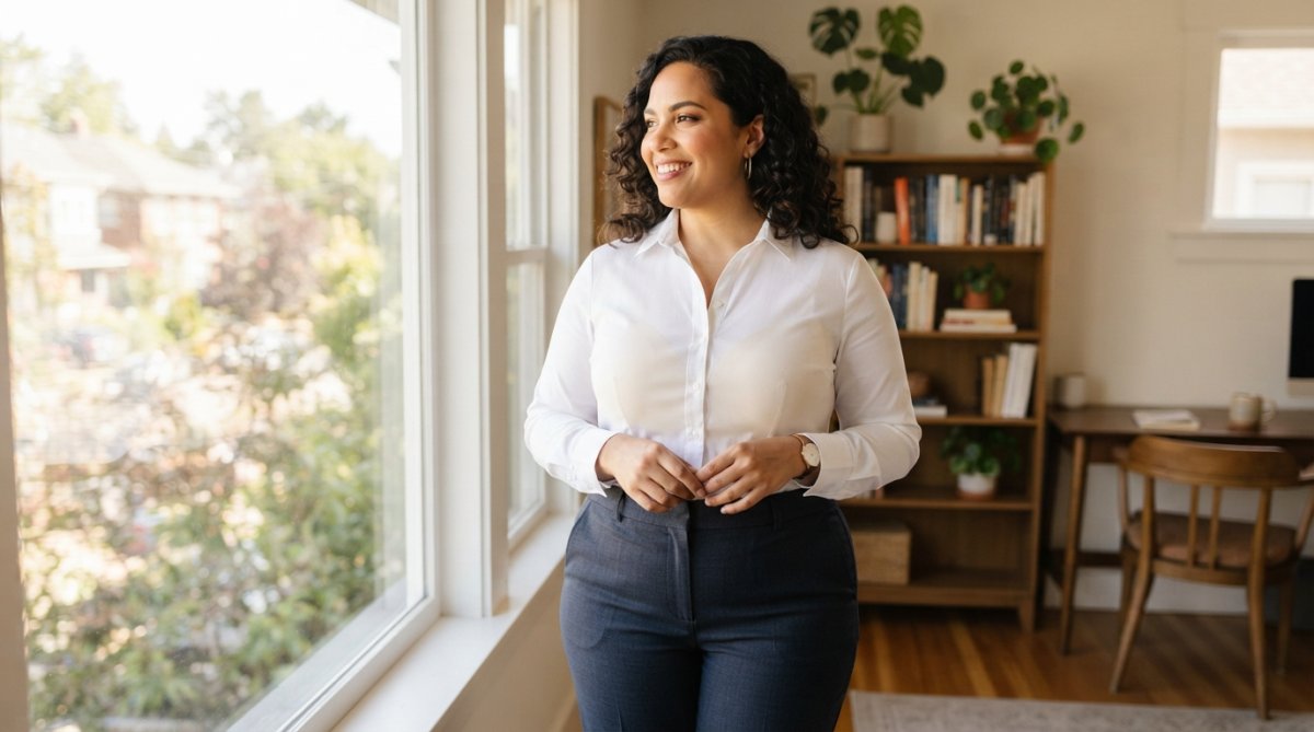Diagram showing how daily wear shapewear creates a smooth silhouette under a professional white blouse