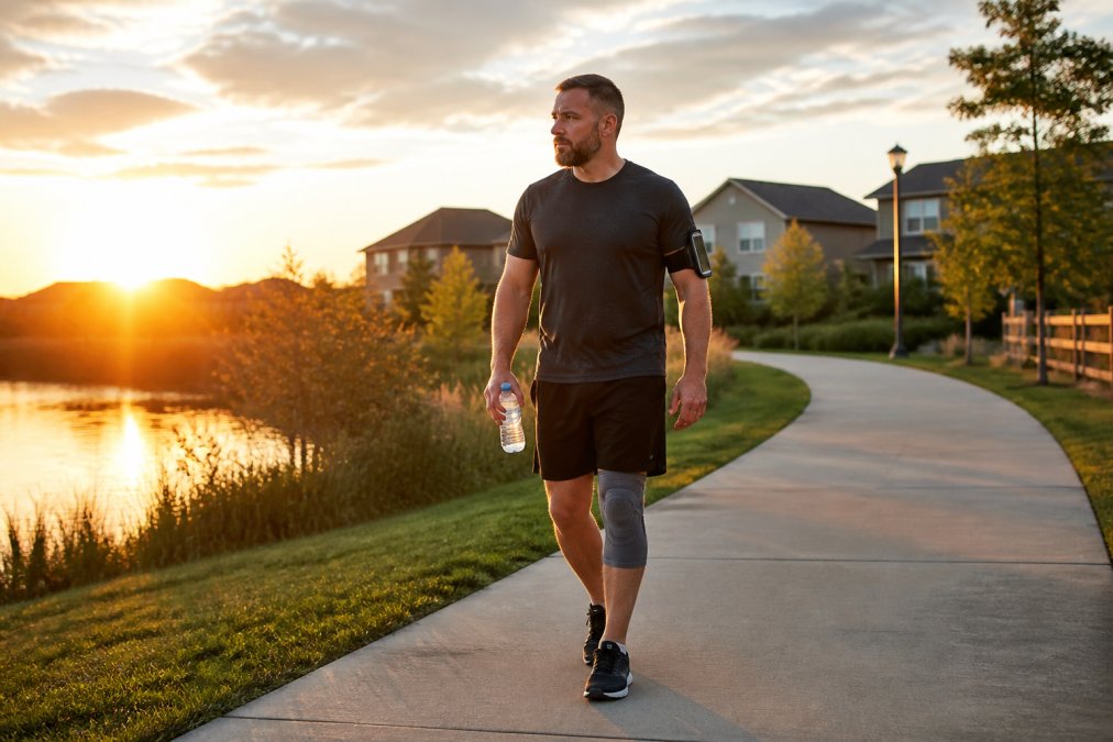 A veteran in athletic clothes walking a quiet neighborhood trail at sunrise, wearing a knee brace, with a water bottle in hand and a phone strapped to his arm
