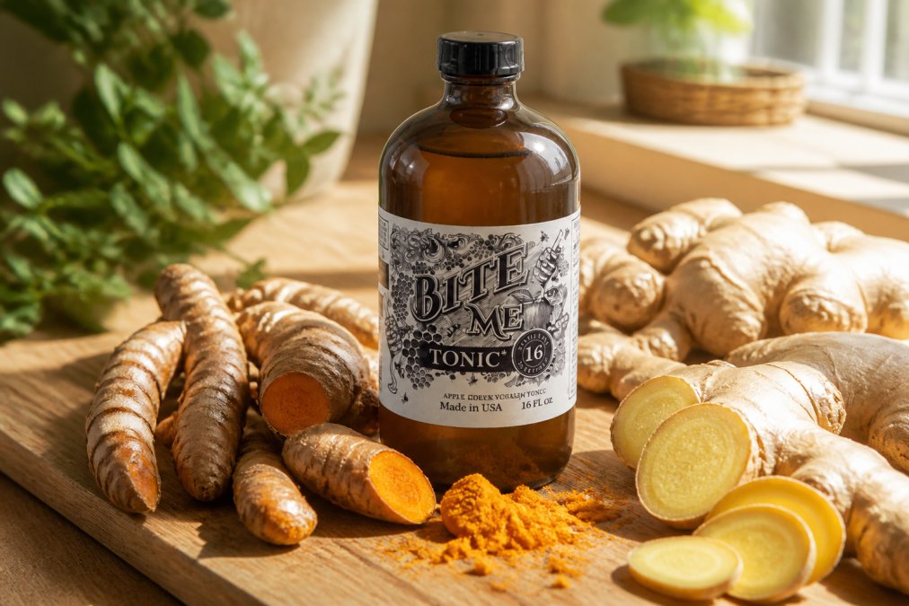 Close-up of fresh turmeric root and sliced ginger on a wooden cutting board beside a small amber glass shot bottle, warm natural lighting emphasizing the golden color of the ingredients