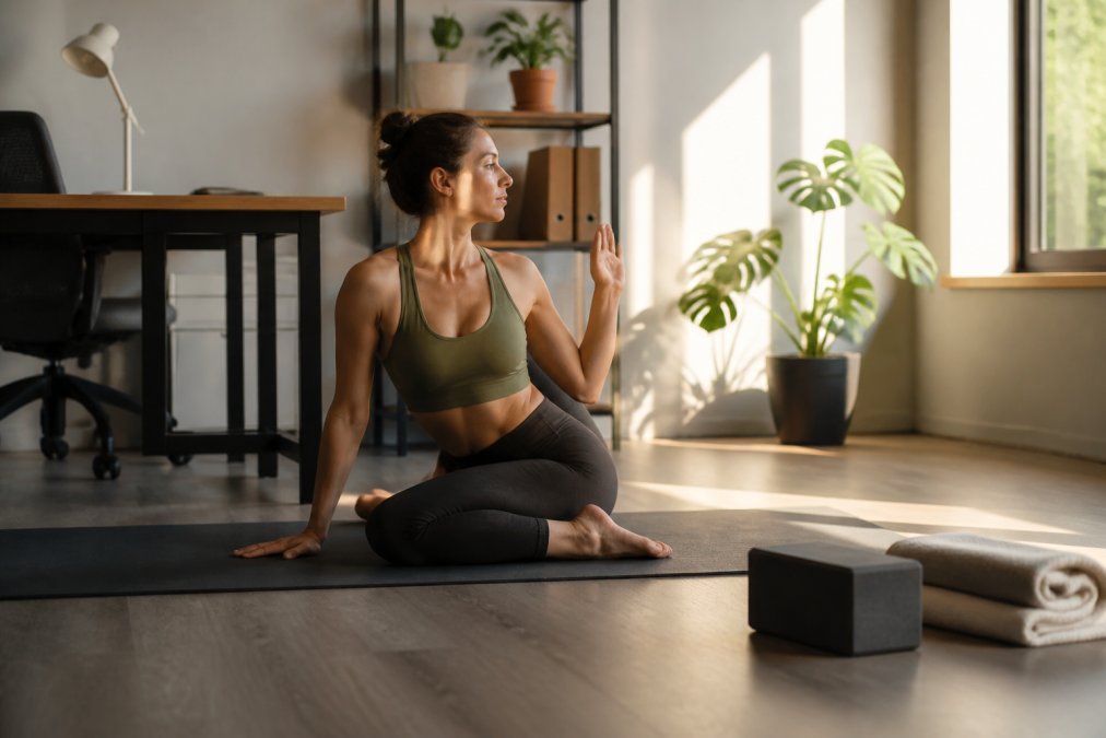Person in home workspace performing a gentle yoga pose on a mat with natural morning light from a window, showing a calm setup with minimal equipment