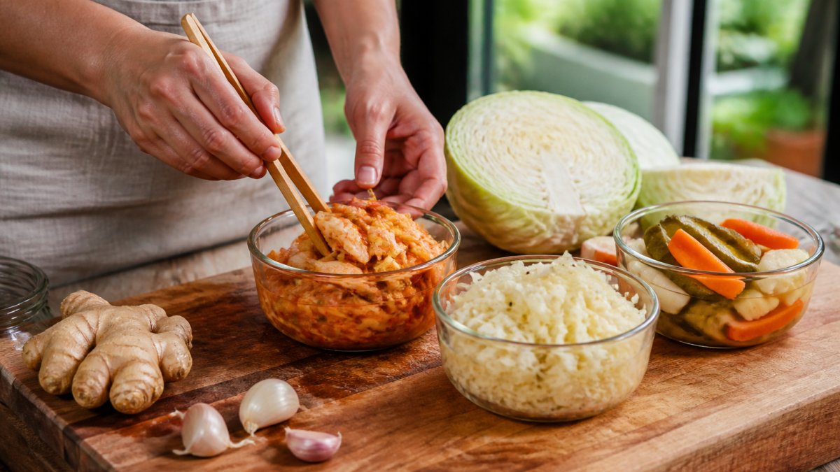 Close-up of a wooden cutting board with fresh fermented vegetables including kimchi, sauerkraut, and pickled vegetables arranged in small glass bowls, with fresh cabbage and ginger visible in the background