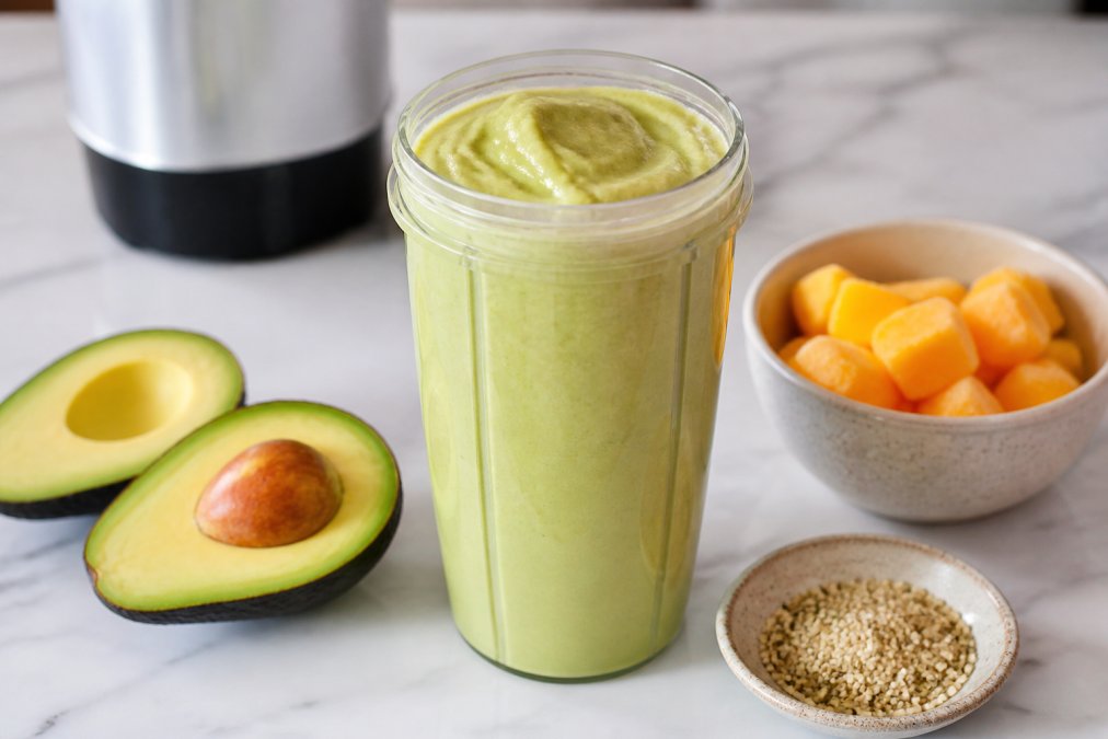 Close-up of a personal blender cup filled with a thick, creamy green smoothie, with avocado halves, frozen mango chunks, and hemp hearts arranged beside it on a light marble surface