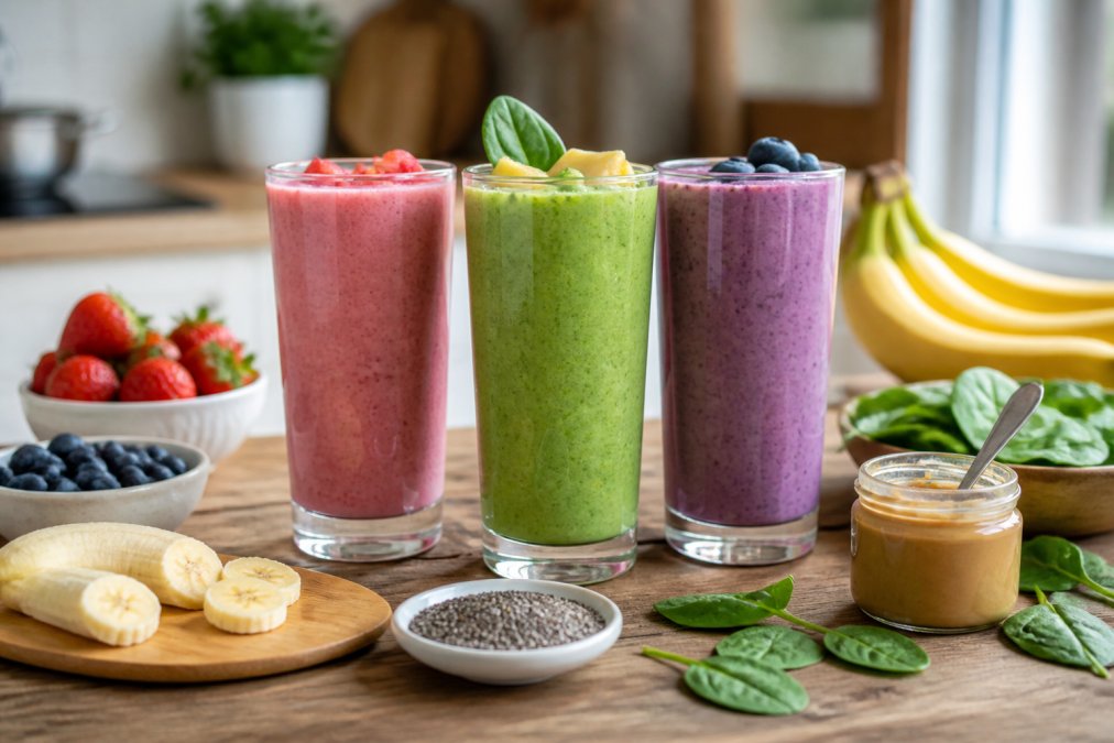 Three tall glasses of colorful dairy free smoothies on a wooden kitchen counter, surrounded by fresh fruit, leafy greens, chia seeds, and a small jar of nut butter, natural morning light