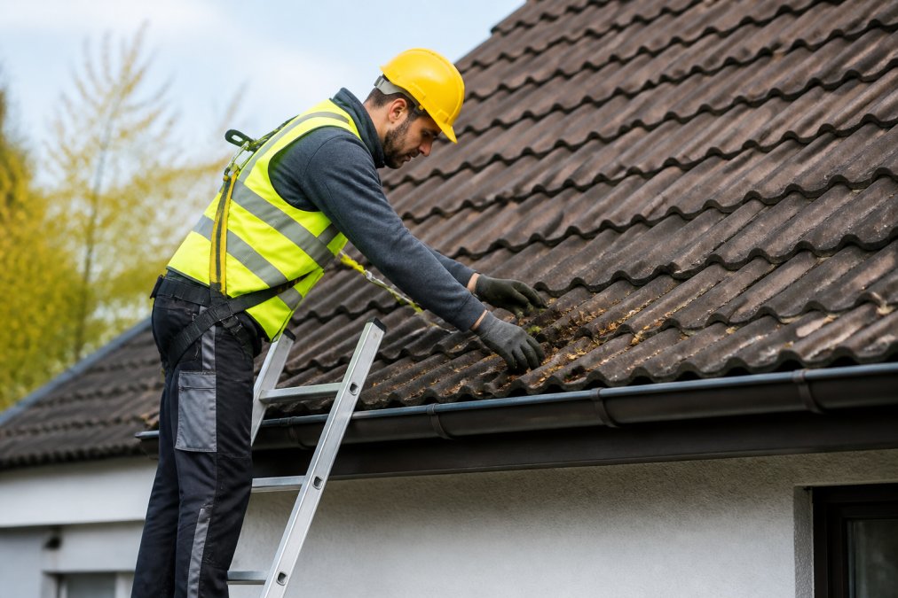 Huiseigenaar voert veilige dakinspectie uit met stevig ondersteunde ladder, controleren dakgoten op bladeren en vuil, detecteren beschadigde dakpannen en afvoersysteem checken, met veiligheidsgordel en helm