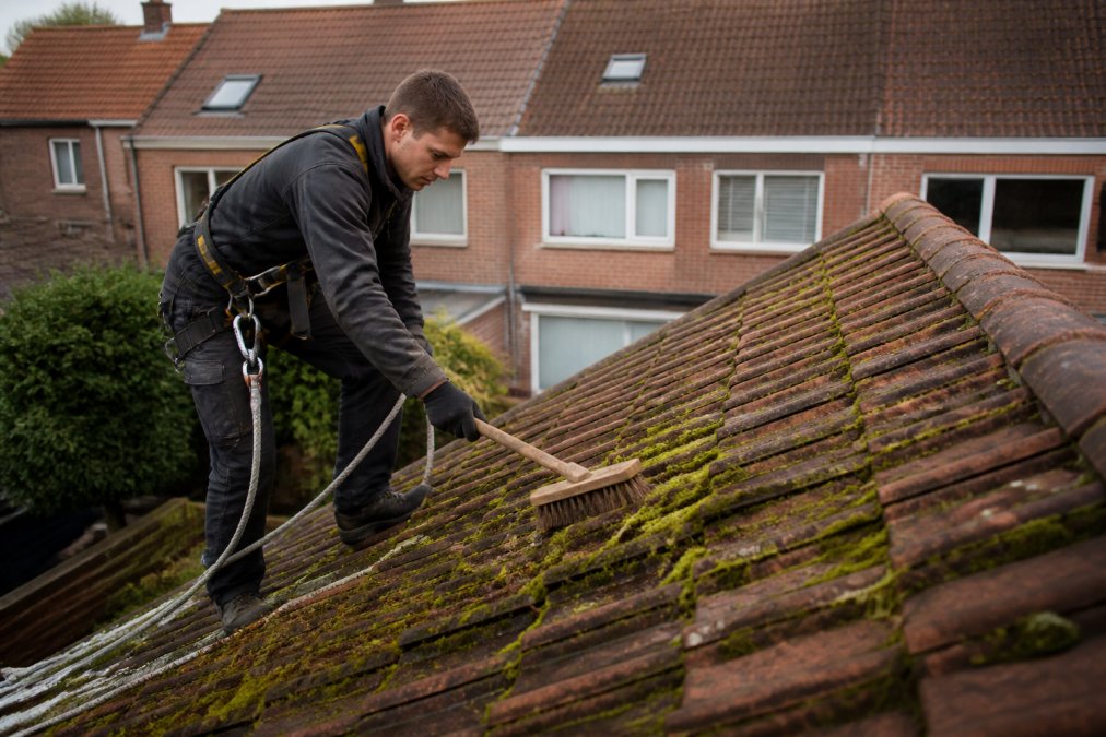 Dakwerker in veiligheidsharnas verwijdert mos van een pannendak tijdens professioneel dak ontmossen.