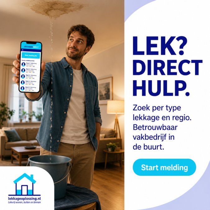 Man met emmer onder een lekkend plafond, houdt een smartphone met de Lekzoeker Direct-app vast. Advertentie van lekkageoplossing.nl: Lek? Direct hulp.