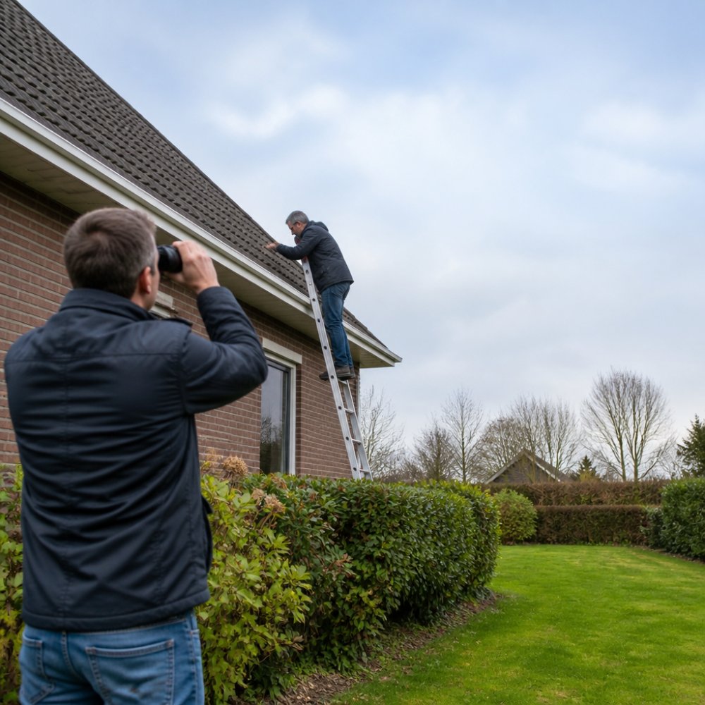 Huiseigenaar inspecteert dak met verrekijker en partner controleert dakgoot om daklekkage na storm te voorkomen vanaf de
