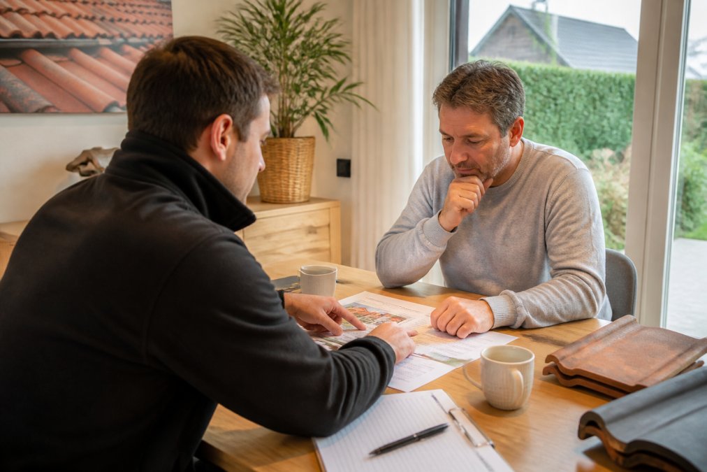 Huiseigenaar zittend aan tafel met dakwerker, bespreking van offerte en subsidiedocumenten met koffie erbij, natuurlijk licht van het raam