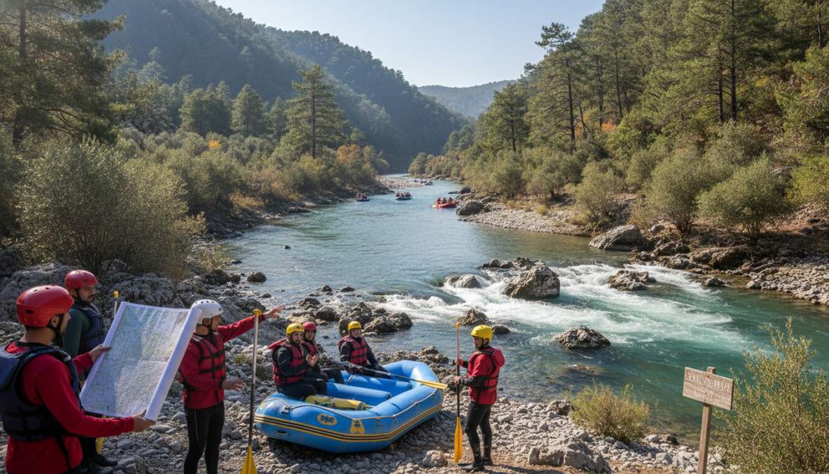 Rafting teknesiyle Dalaman Çayı'nda adrenalin dolu anlar yaşayan katılımcılar, kayalık kanyon ortamında, profesyonel rehber başında kürek çekerek