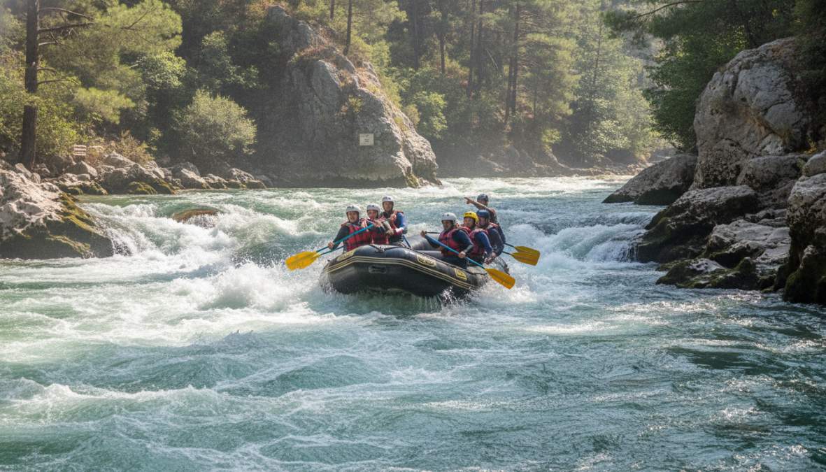 Profesyonel rehber ve katılımcıların Dalaman Çayı'nda köpüklü akıntılar arasında rafting yaptığı heyecan verici sahne, güneş ışığında akan su ve yeşil kanyonlar