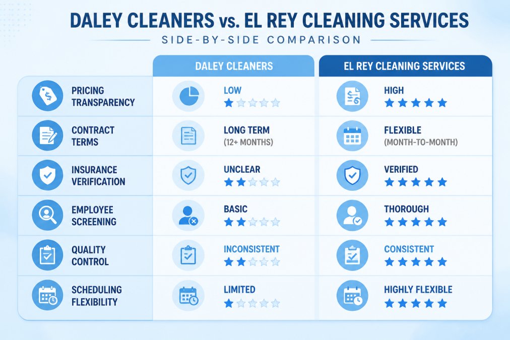 Comparison matrix of Daley Cleaners vs. El Rey Cleaning Services across six criteria: pricing transparency, contract terms, insurance verification, employee screening, quality control, and scheduling flexibility