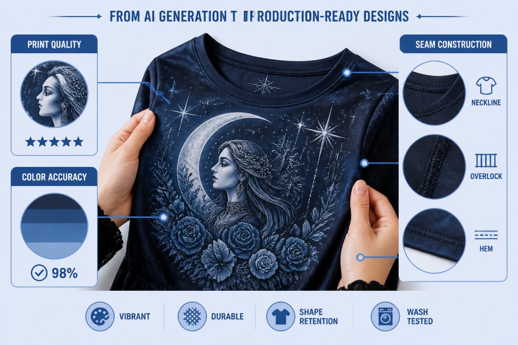 Close-up of hands holding a finished custom apparel item with AI-generated design displayed on the fabric, showing print quality, color accuracy, and seam construction details with natural lighting
