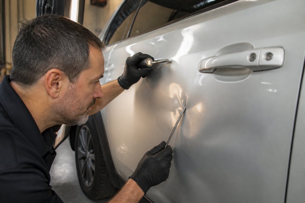 Professional technician using specialized metal-working tools to carefully massage out a hail dent from a vehicle door panel in a bright, well-equipped repair facility