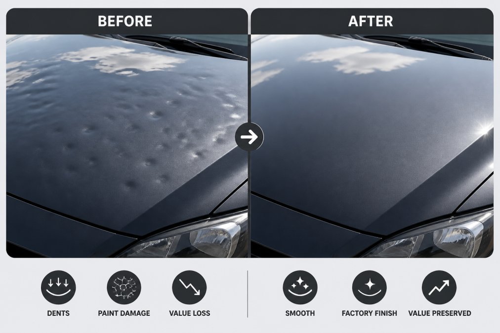 Close-up side-by-side comparison of a vehicle hood with multiple hail dents and visible damage alongside the same hood after professional repair, showing a pristine factory finish under natural sunlight