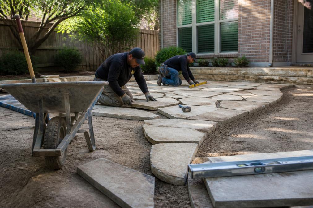 Crew installing flagstone pavers for custom Dallas hardscapes in a suburban backyard patio project