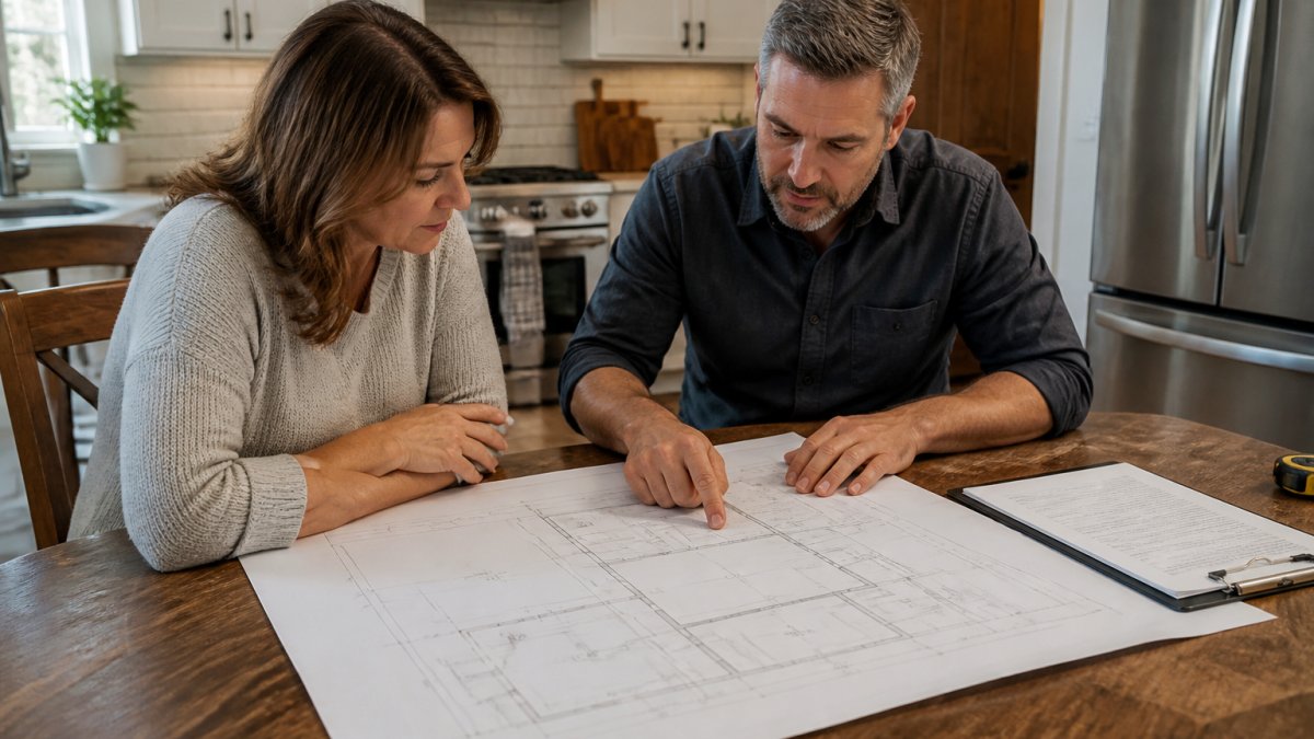 A homeowner and a contractor reviewing a set of building plans spread across a kitchen table, with a tablet showing a permit application and a clipboard nearby