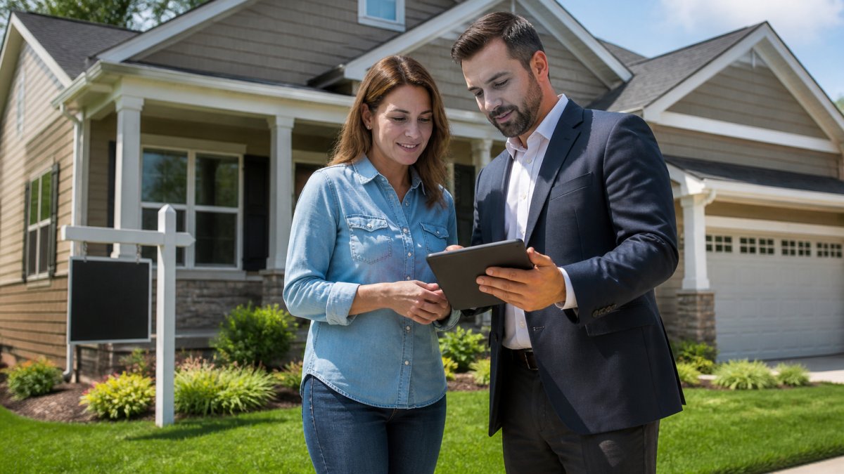 Real estate agent and buyer reviewing property details on a tablet to analyze current real estate market trends