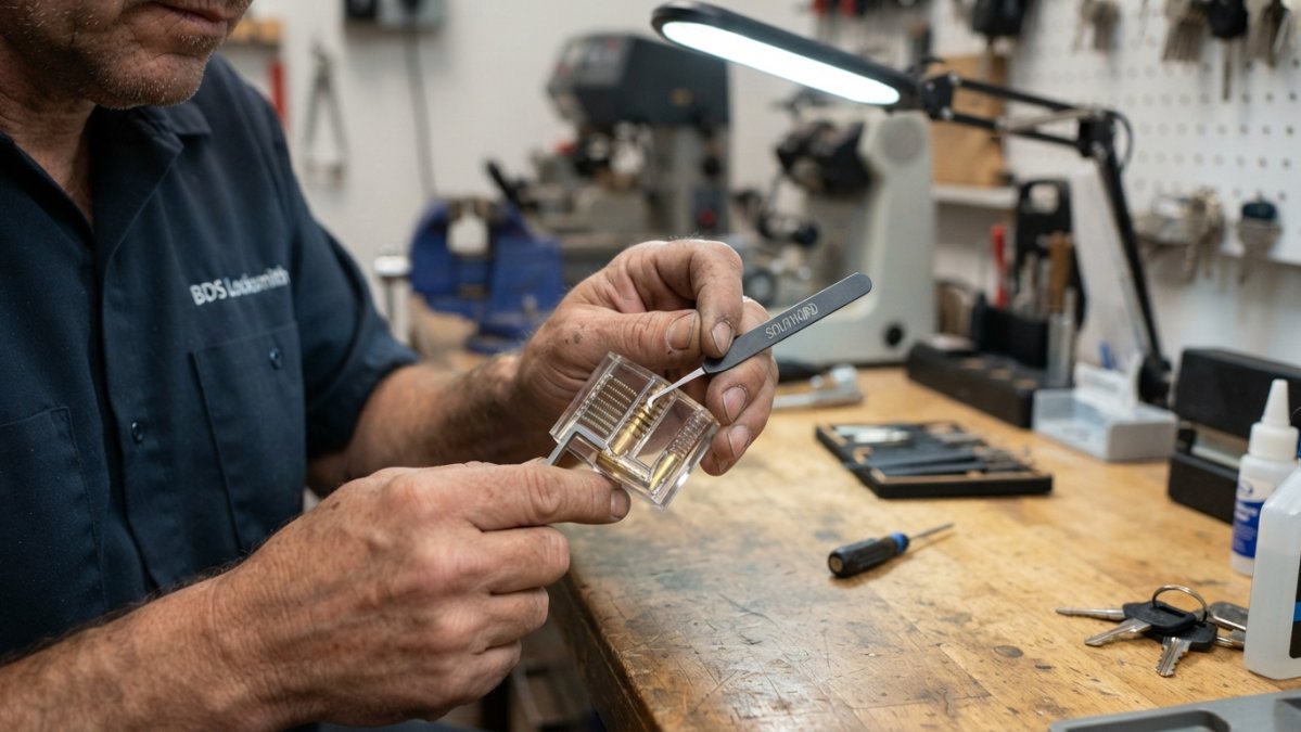 Professional locksmith's hands demonstrating proper positioning of hook pick and tension wrench on a clear practice lock, showing internal pin mechanism under bright work light