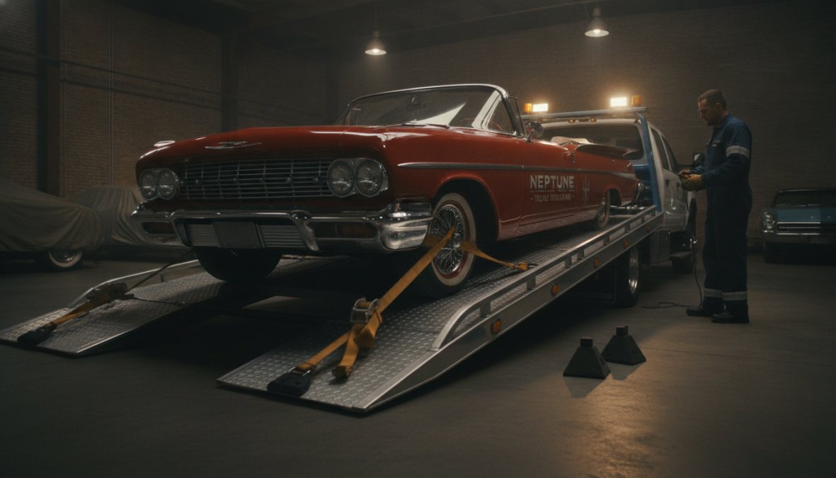 Close-up of a classic car's chrome bumper and front grille being carefully secured to a flatbed tow truck with soft nylon straps and protective padding