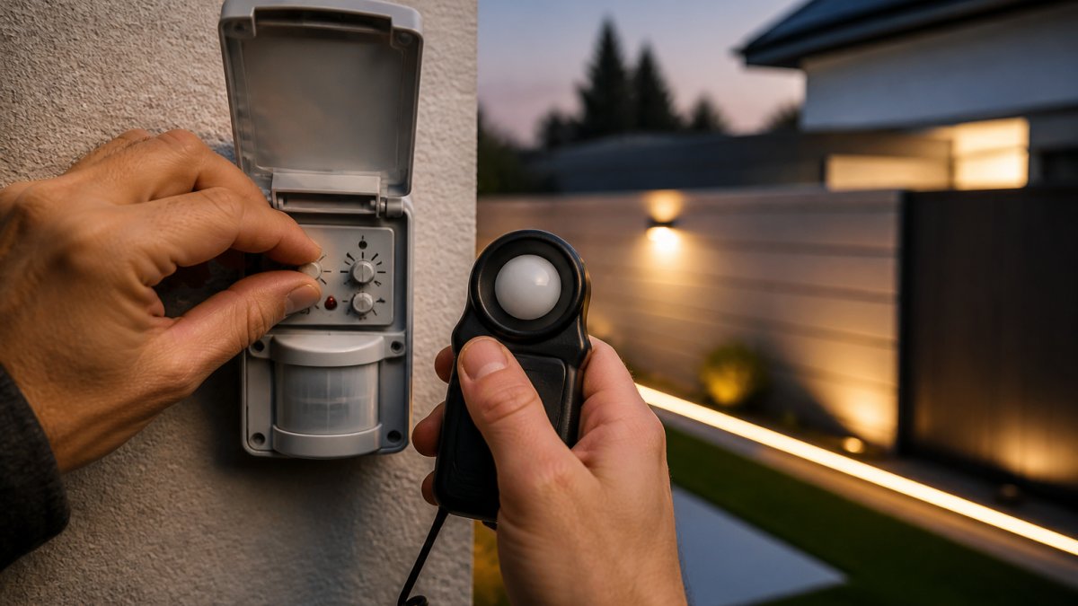 Hand justiert bei Dämmerung den Drehregler eines Lichtsensors mit einem Luxmeter an einer Außenwand.