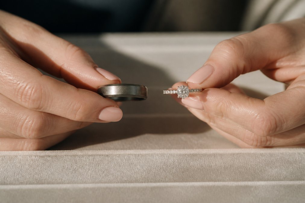Close-up of a person's hands holding two different rings side by side, one with a matte gray metallic finish and one with a sparkling gemstone, resting on a velvet jewelry tray in warm natural light