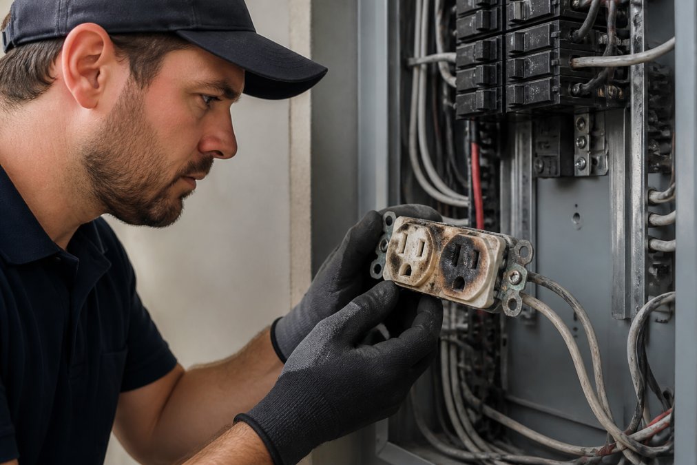 Licensed electrician inspecting a discolored residential outlet with visible oxidation, burn marks, and corrosion around the terminal screws in a home electrical panel