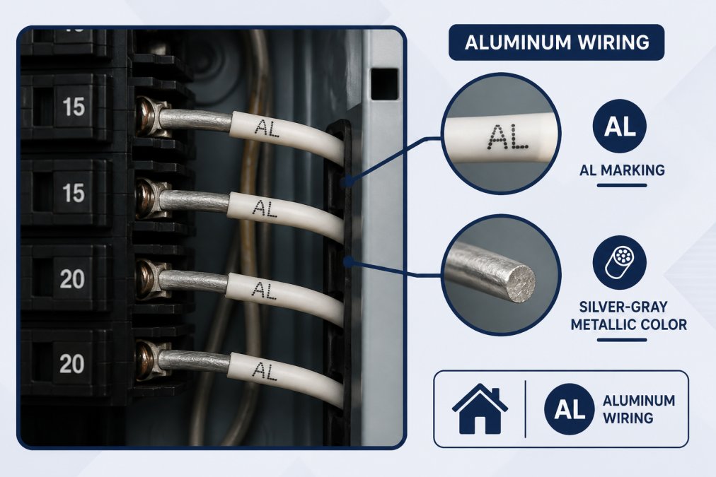 Close-up photograph of aluminum electrical wiring in a residential panel showing the distinctive silver-gray metallic color, with printed "AL" marking visible on the white insulation jacket