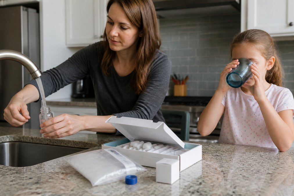 Parent collecting a water sample from a kitchen tap to test for lead in municipal water while their child watches.