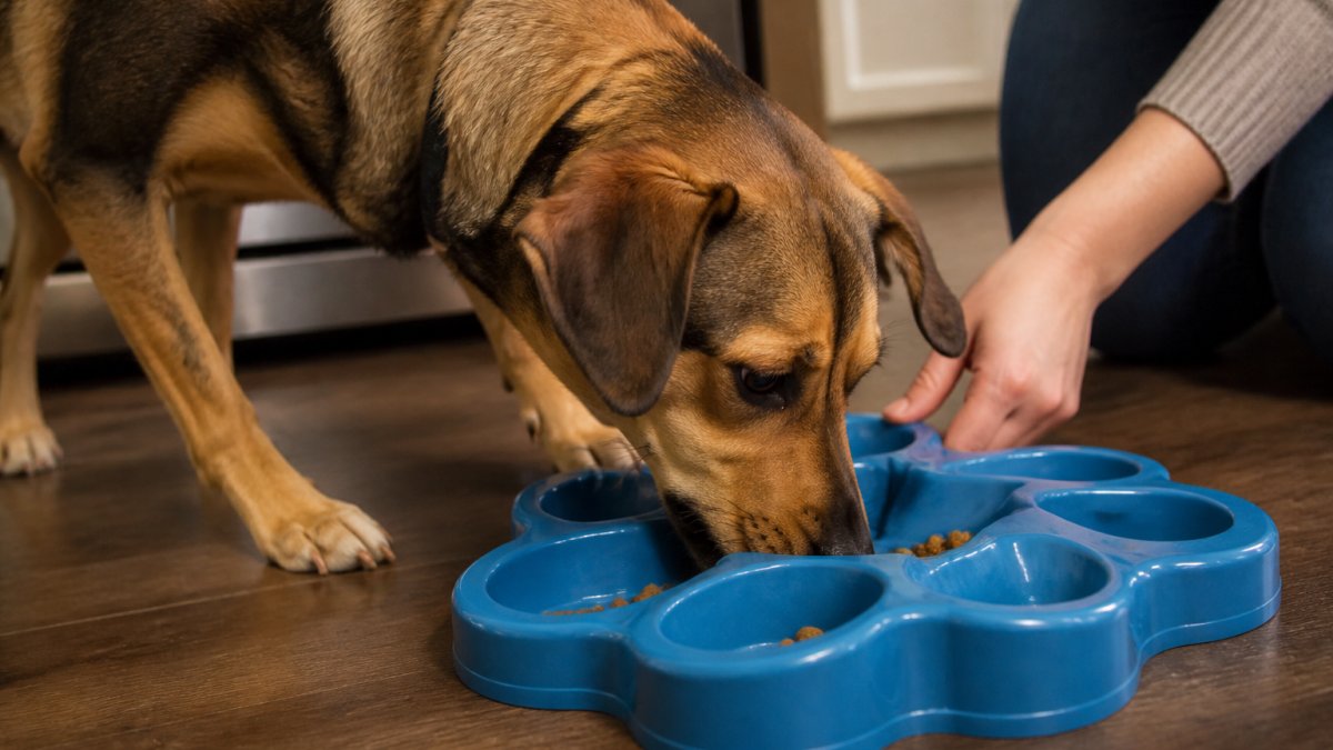 A medium-sized dog nosing kibble out of a paw-shaped compartment in a blue plastic puzzle feeder on a kitchen floor, with a person's hand nearby guiding the dog