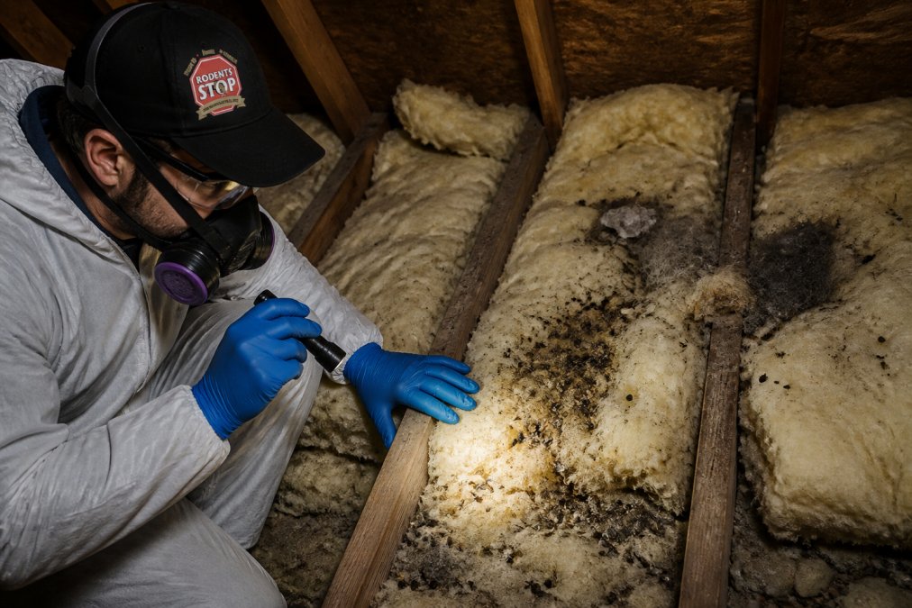 Professional examining contaminated attic insulation showing rodent droppings, urine stains, and nesting materials in fiberglass batts under work lighting