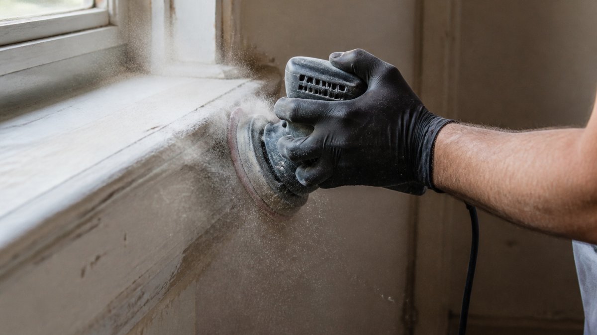 Fine dust particles being released from a painted surface during sanding, showing airborne contamination suspended in natural light