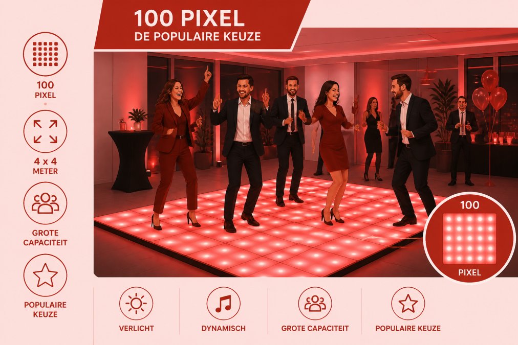 Groep zakelijke collega's dansend op een verlichte 100 Pixel LED dansvloer in een moderne feestzaal, met blije gezichten en feestelijke sfeer