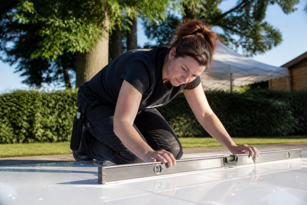 Petra Keizer van Discovloer Huren controleert met waterpas de vlakheid van een dansvloer, professionele werkkleding, concentratie op gezicht, zonnig daglicht