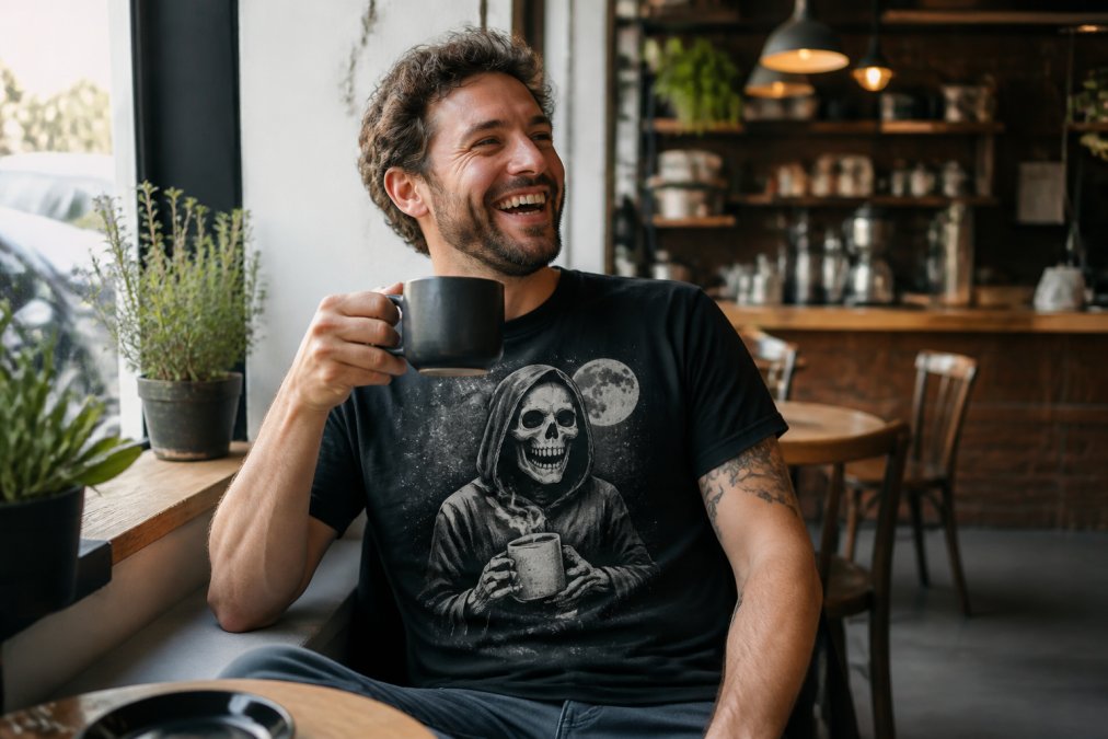 A 30-year-old laughing in a sunlit coffee shop while wearing a stylish dark humor clothing graphic tee.