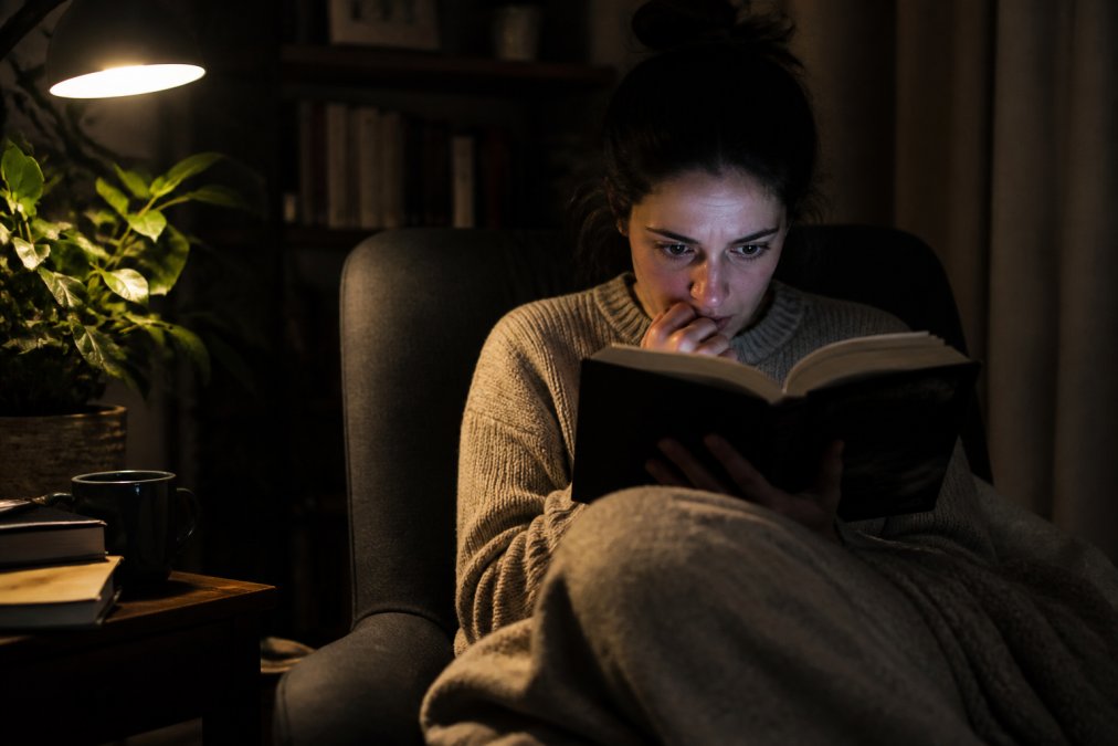 Reader absorbed in a dark psychological thriller late at night, sitting in a dim-lit room with a single warm lamp casting shadows across their face, book held close, expression tense and captivated
