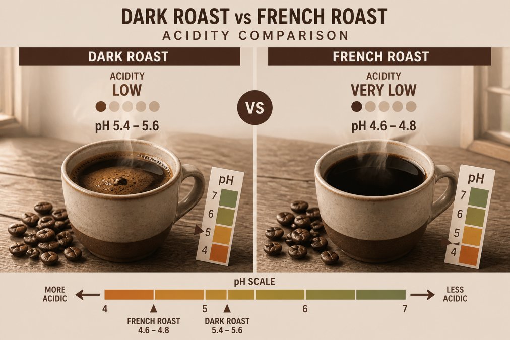Infographic comparing dark roast vs french roast acidity using pH test strips and coffee samples on a table.