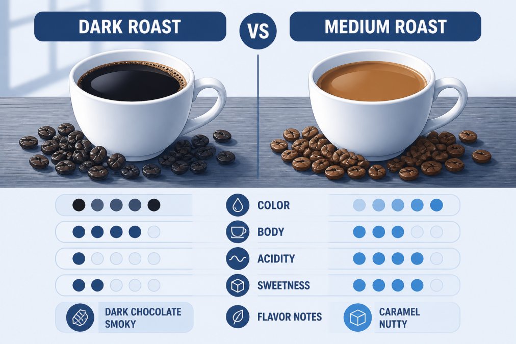 Side-by-side comparison of two white ceramic cups on a wooden table, one filled with dark nearly black coffee and the other with lighter caramel-colored medium roast, scattered whole beans of each roast surrounding the cups, warm natural window light