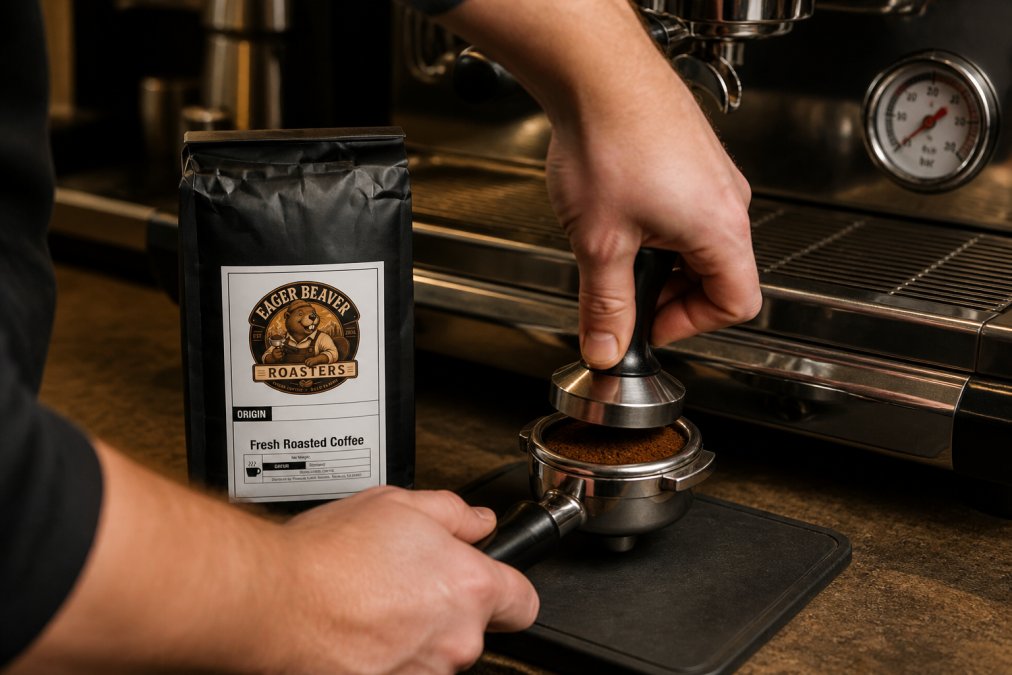Professional barista's hands tamping dark roast espresso grounds into portafilter with espresso machine group head visible, pressure gauge showing 9 bars, warm cafe lighting