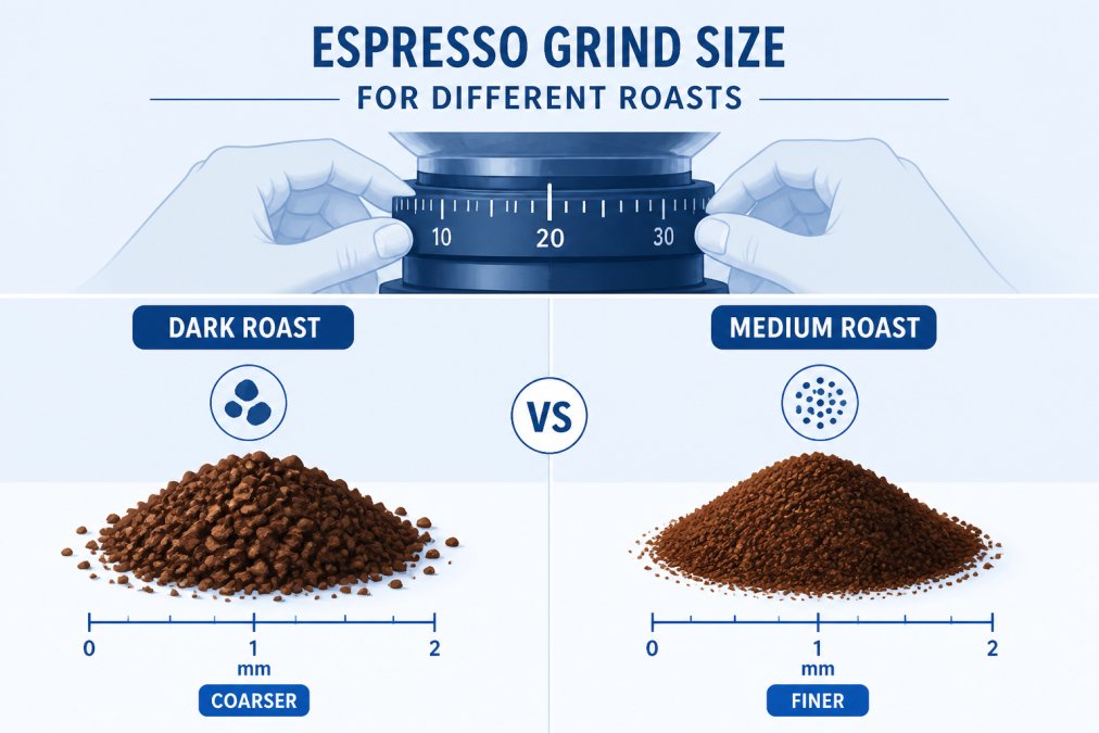 Two small piles of ground espresso coffee side by side on white surface showing visible difference in particle size, dark roast pile noticeably coarser than medium roast pile, hands adjusting espresso grinder dial in background