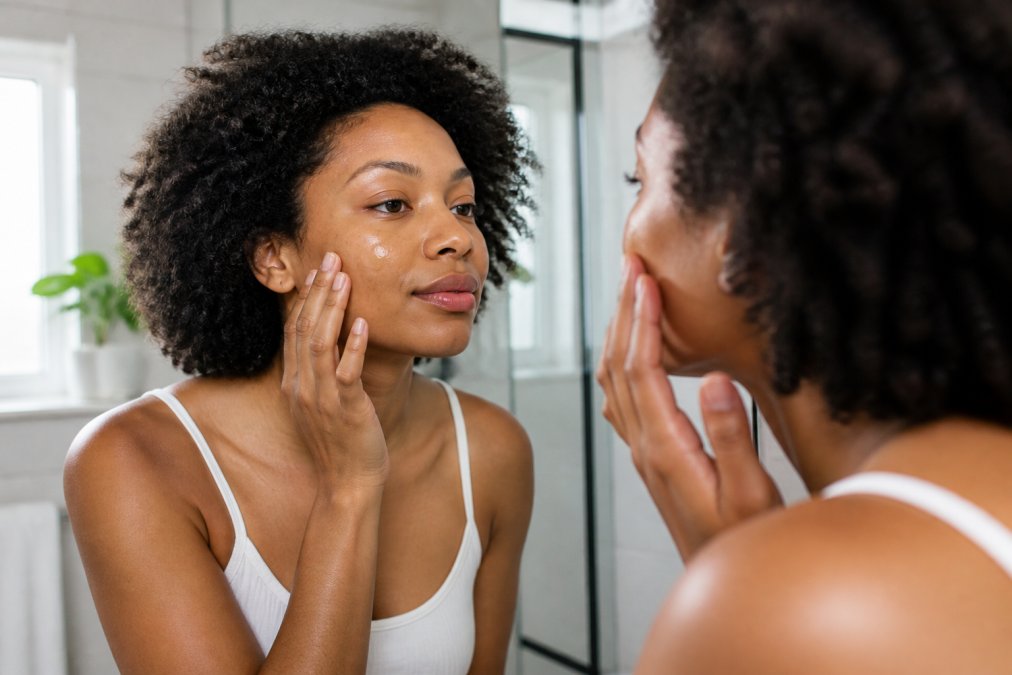 A Black woman with sensitive skin gently pressing a drop of facial oil onto her cheek in a bright, clean bathroom, looking into a mirror with soft natural light