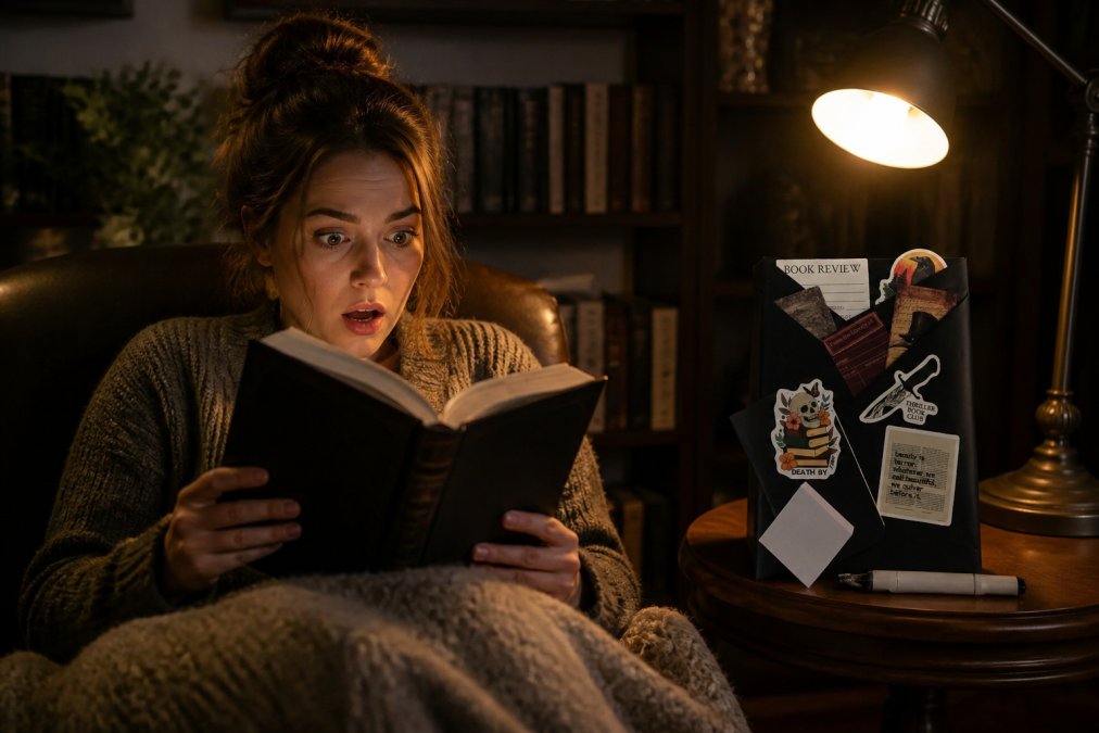 A reader sitting in a cozy armchair late at night, warm lamp glow beside them, holding an open thriller book with an expression of intense focus and shock, pages illuminated