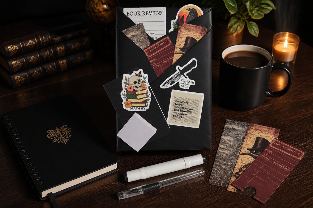 A wrapped mystery book box with reading accessories arranged nearby, journal, pen, bookmarks, sticky notes, and a dark-themed mug, creating a complete gift setup on a dark wooden table with warm lighting