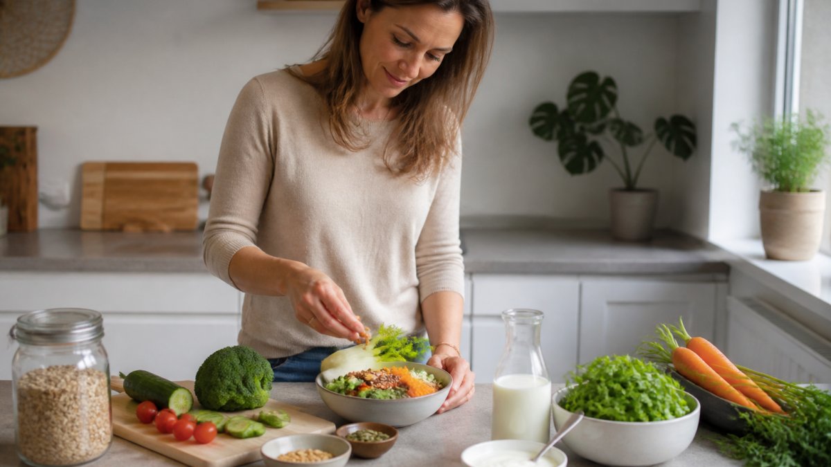 Vrouw bereidt vezelrijke voeding in een lichte keuken voor een gezonde darmflora en energiebalans